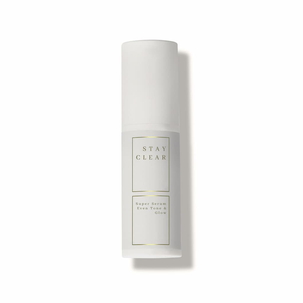 Stay Clear Beauty Super Serum Even Tone & Glow Sensitive bottle on a clean background — brightening serum for dark spots, post-acne marks, hyperpigmentation, and sensitive skin."
