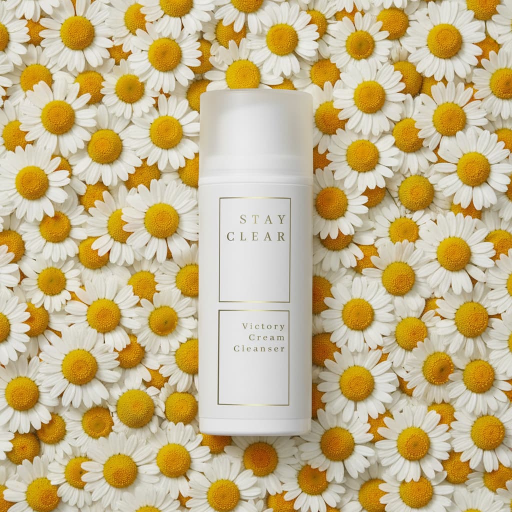 Stay Clear Beauty Victory Cream Cleanser surrounded by chamomile flowers — gentle barrier-supportive cream cleanser for sensitive, acne-prone, and inflamed skin.